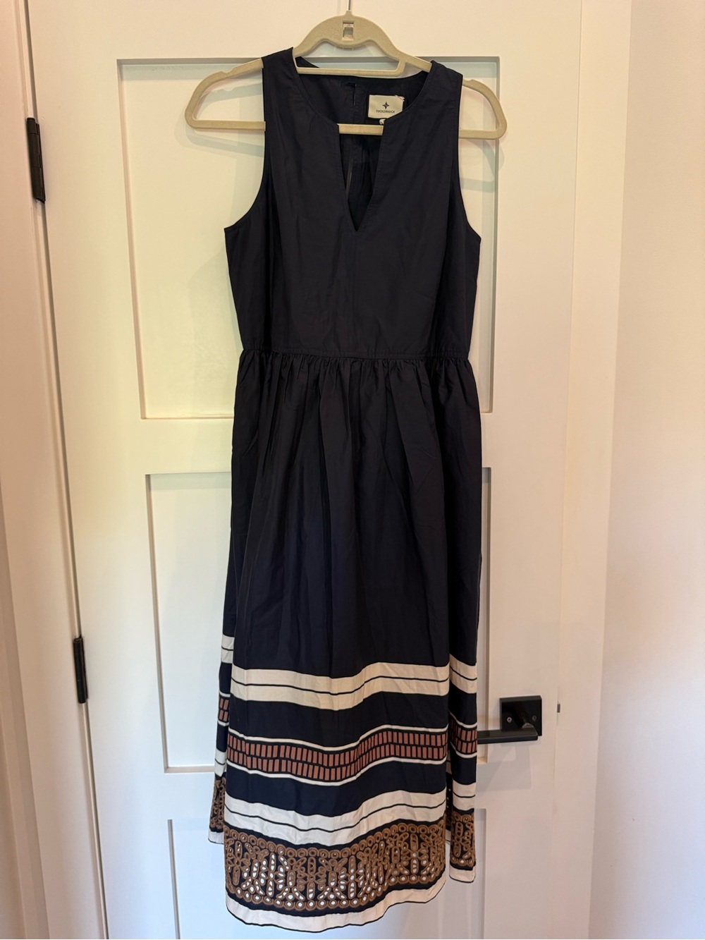 Tuckernuck Navy Midi Dress with Cream & Brown Embroidered Hem